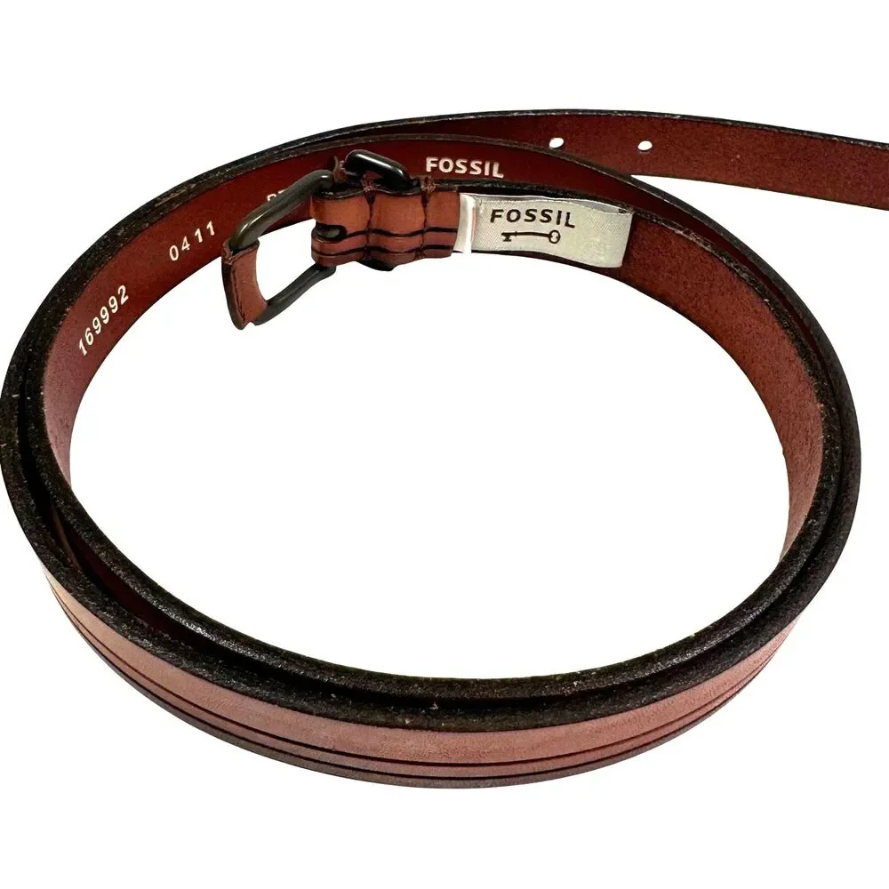 Fossil Belt Genuine Leather Size Large Brown BT3830231 Black Pinstripe Career